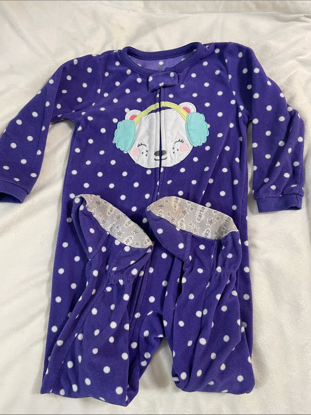 ❤️Carter's Purple Polka Dot Bear Fleece Footed One-Piece